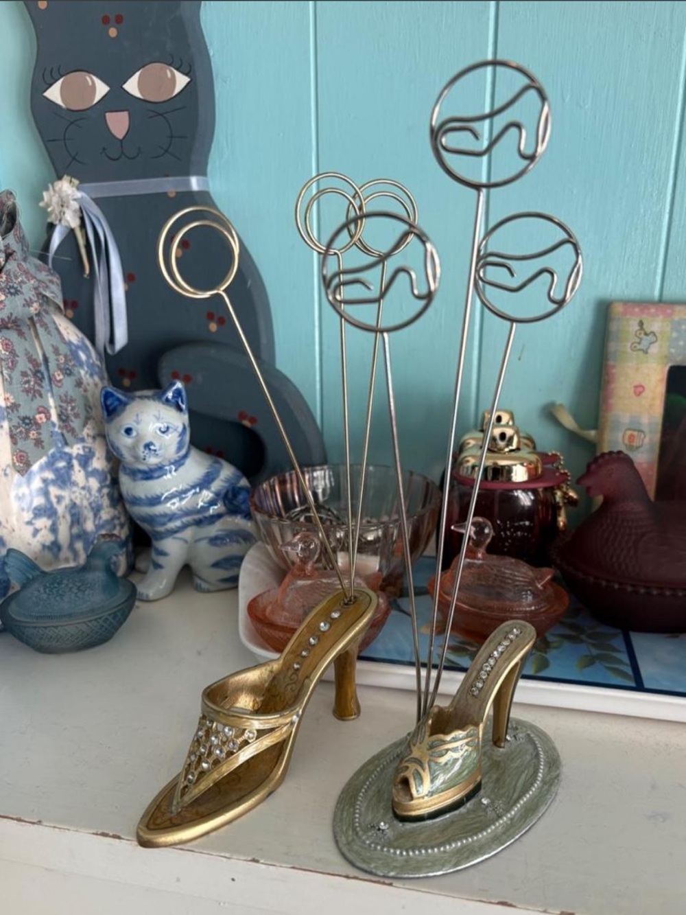 2000s Gold and Silver High Heel Shoe Photo Card Holder Bundle Set of 2